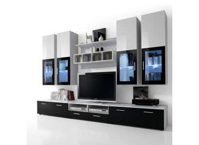 Design moderno parete attrezzata in legno con mensole a parete, completo di supporto per TV e arredamento.