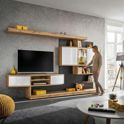 Marrone parete attrezzata di lusso per soggiorno con design, mobile porta TV, mobili nuovi.