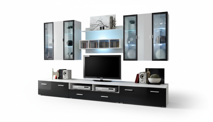 Mobile TV design moderno in legno per soggiorno con parete attrezzata.