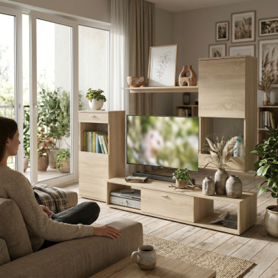 Mobile porta TV moderno con vetrina parete soggiorno ripiani nuovi.