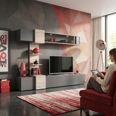 Designer soggiorno moderno set parete attrezzata mensole grigio supporto TV