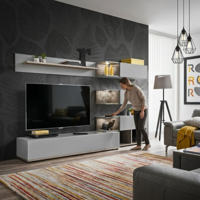 Grigio parete attrezzata salotto mobili in legno supporto TV RTV design moderno arredamento