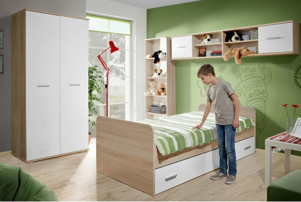 Camera da letto per bambini completa con letto, armadio, libreria, mensola a parete, set da 5 pezzi.