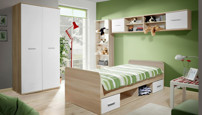 Camera da letto per bambini completa con letto, armadio, libreria, mensola a parete, set da 5 pezzi.