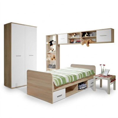 Camera da letto per bambini completa con letto, armadio, libreria, mensola a parete, set da 5 pezzi.