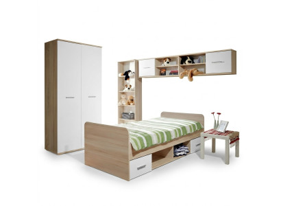 Camera da letto per bambini completa con letto, armadio, libreria, mensola a parete, set da 5 pezzi.