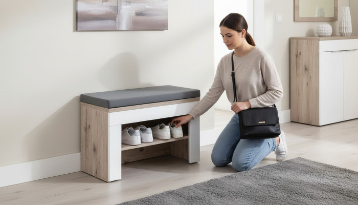 Scarpiera grigia con cuscino Design moderno Nuovi mobili Scarpiera in legno