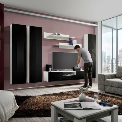 Set parete soggiorno scaffali neri supporto TV lowboard
