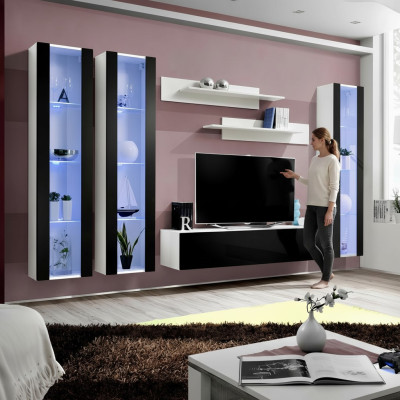 Moderna parete soggiorno con mensole e vetrina sospesa design mobili