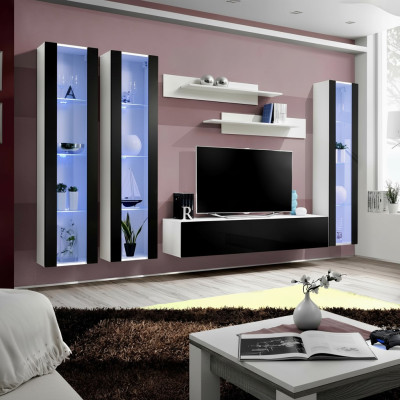 Moderna parete soggiorno con mensole e vetrina sospesa design mobili