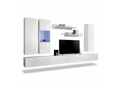 Muro attrezzato in legno, mobili per soggiorno bianchi, supporto TV, design moderno, mensole da parete.