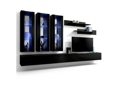 Mobile porta TV in legno con parete soggiorno di design moderno. Arredamento per il soggiorno con mensole a parete.