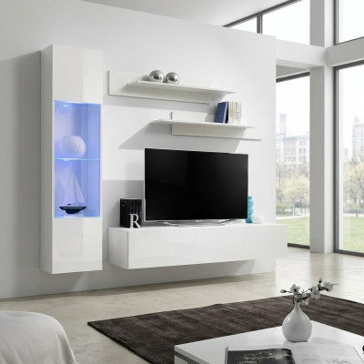 Arredi soggiorno bianco, parete attrezzata designer di lusso, supporto TV, vetrina pensile, mensole.