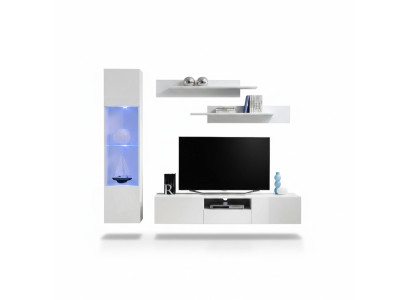 Arredi soggiorno bianco, parete attrezzata designer di lusso, supporto TV, vetrina pensile, mensole.
