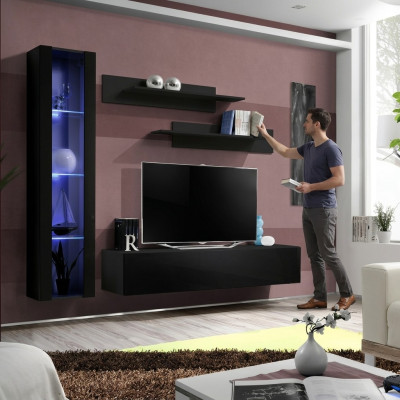 Set completo di mobili per soggiorno neri, parete attrezzata, vetrina pensile di design.