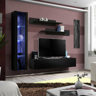 Set completo di mobili per soggiorno neri, parete attrezzata, vetrina pensile di design.