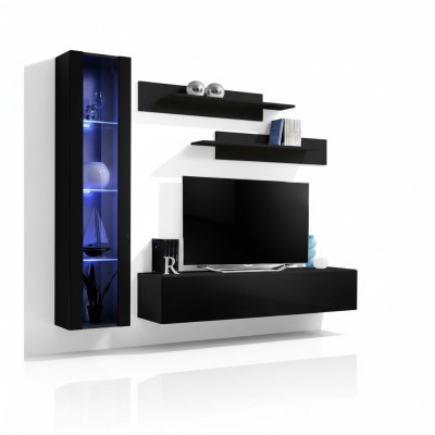 Set completo di mobili per soggiorno neri, parete attrezzata, vetrina pensile di design.