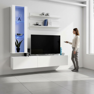 Set di mobili completi da designer per supporto TV, composto da 4 pezzi: mobile basso, mobile sospeso, vetrina.