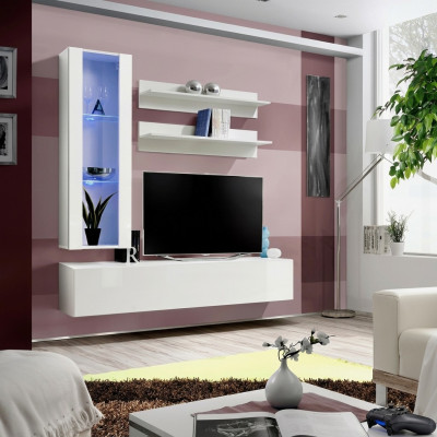 Set di mobili completi da designer per supporto TV, composto da 4 pezzi: mobile basso, mobile sospeso, vetrina.