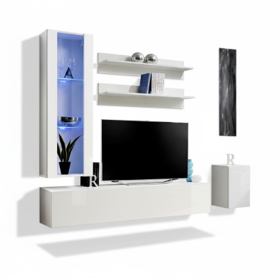 Set di mobili completi da designer per supporto TV, composto da 4 pezzi: mobile basso, mobile sospeso, vetrina.
