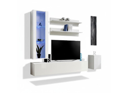 Set di mobili completi da designer per supporto TV, composto da 4 pezzi: mobile basso, mobile sospeso, vetrina.