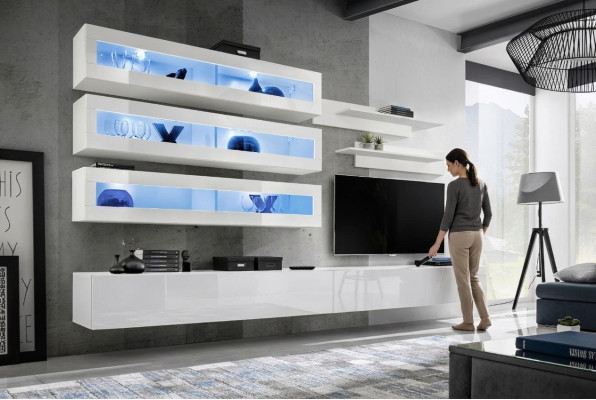 Garnitura 7 pezzi Set soggiorno Stile designer Parete attrezzata Supporto TV 2 mensole a parete