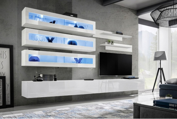 Garnitura 7 pezzi Set soggiorno Stile designer Parete attrezzata Supporto TV 2 mensole a parete