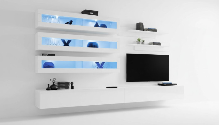 Garnitura 7 pezzi Set soggiorno Stile designer Parete attrezzata Supporto TV 2 mensole a parete