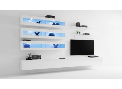 Garnitura 7 pezzi Set soggiorno Stile designer Parete attrezzata Supporto TV 2 mensole a parete