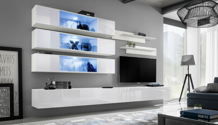 Designer Set 7 pezzi. Parete attrezzata di lusso, mobile parete per soggiorno in legno. Arredamento.