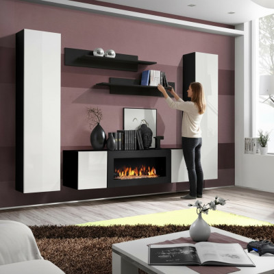 Mobili da soggiorno completi, parete attrezzata, credenza, mensole a muro, arredamento di lusso.