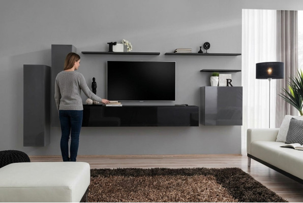 Salotto di lusso con mobili design moderni Grigio parete attrezzata Porta TV Mensola a muro