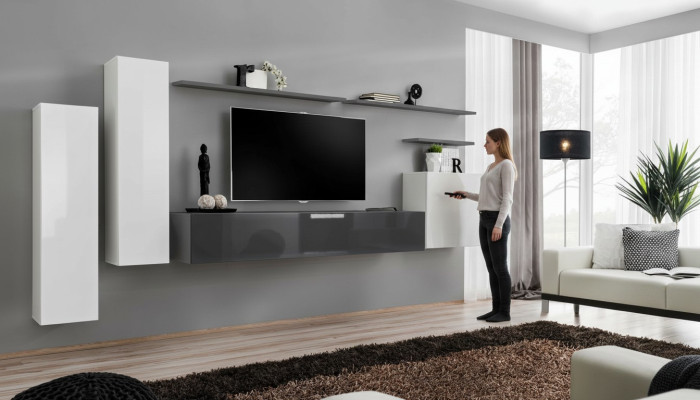 Set di mobili per soggiorno moderni in legno con TV stand, armadio e parete attrezzata da 7 pezzi.