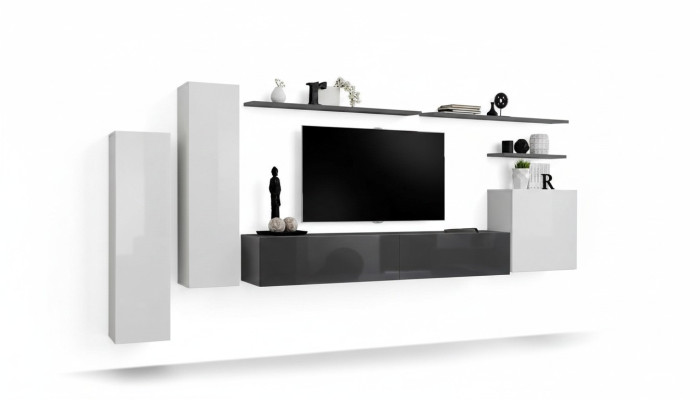 Set di mobili per soggiorno moderni in legno con TV stand, armadio e parete attrezzata da 7 pezzi.