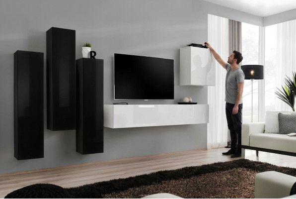 Set completo per soggiorno, parete attrezzata, mobile basso, supporto per TV, mobili in legno.