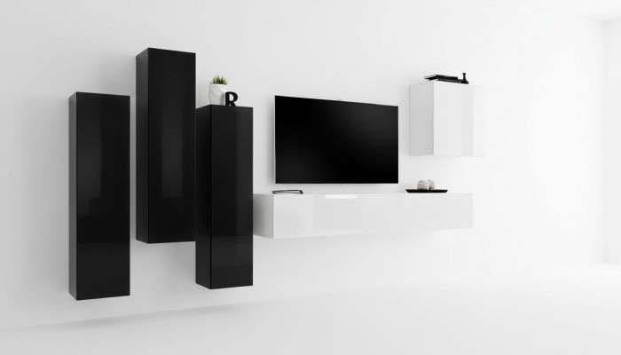 Set completo per soggiorno, parete attrezzata, mobile basso, supporto per TV, mobili in legno.