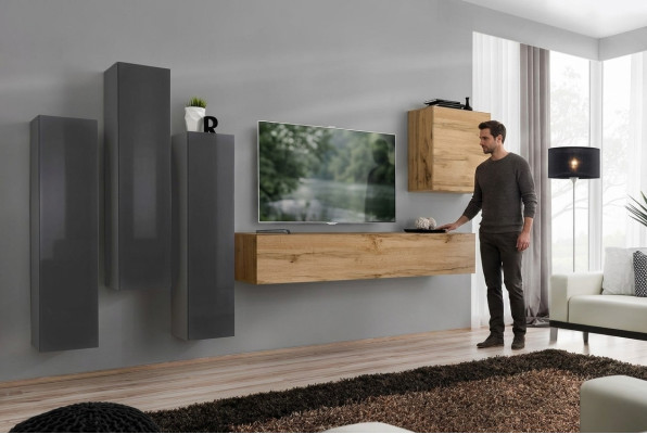 Set di pareti attrezzate moderne 5 pezzi grigie in legno per soggiorno, mobile tv, nuovo.