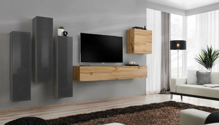 Set di pareti attrezzate moderne 5 pezzi grigie in legno per soggiorno, mobile tv, nuovo.