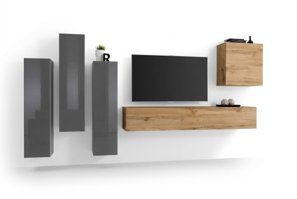 Set di pareti attrezzate moderne 5 pezzi grigie in legno per soggiorno, mobile tv, nuovo.