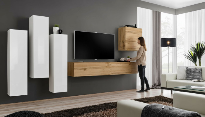 Mobile porta TV moderno in legno, mobile soggiorno marrone, armadio a muro nuovo, parete attrezzata.