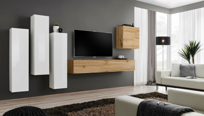 Mobile porta TV moderno in legno, mobile soggiorno marrone, armadio a muro nuovo, parete attrezzata.