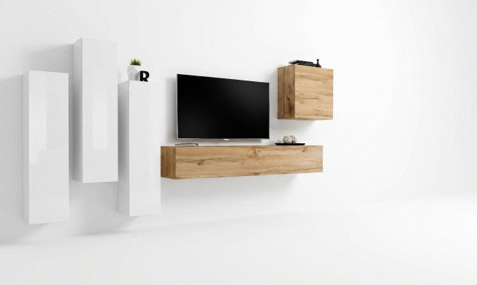 Mobile porta TV moderno in legno, mobile soggiorno marrone, armadio a muro nuovo, parete attrezzata.
