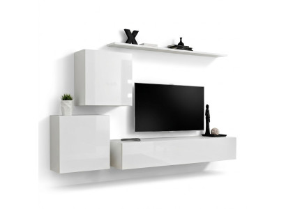 Lussuoso arredamento bianco per parete con design di sideboard, mobile TV, e mensole.