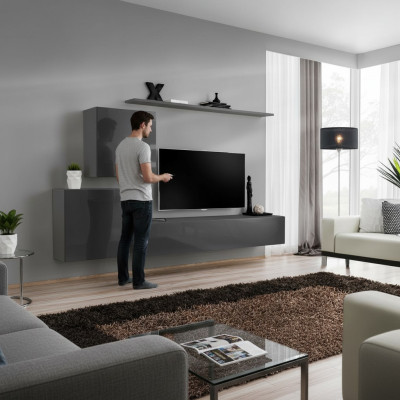 Soggiorno stile moderno pareti attrezzate 4 pezzi set credenza grigia mensola nuovo