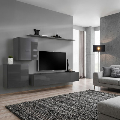 Soggiorno stile moderno pareti attrezzate 4 pezzi set credenza grigia mensola nuovo