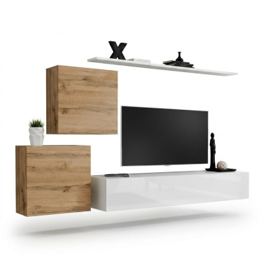 Set soggiorno 4 pezzi: mensola a muro, credenza, parete attrezzata, 2x pensili, design nuovo.