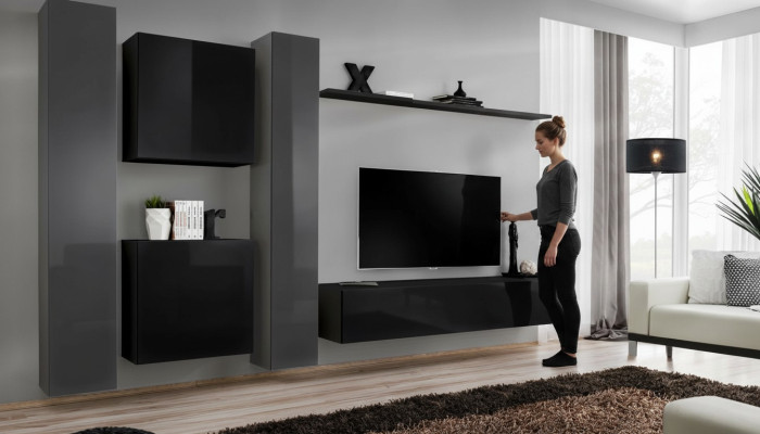 Designer mobili neri per soggiorno, nuovo set di parete attrezzata per TV e mobiletto.