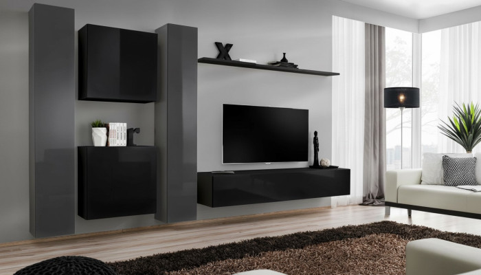 Designer mobili neri per soggiorno, nuovo set di parete attrezzata per TV e mobiletto.