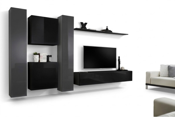 Designer mobili neri per soggiorno, nuovo set di parete attrezzata per TV e mobiletto.
