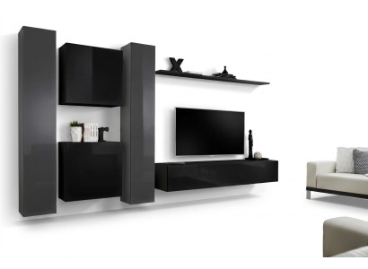 Designer mobili neri per soggiorno, nuovo set di parete attrezzata per TV e mobiletto.
